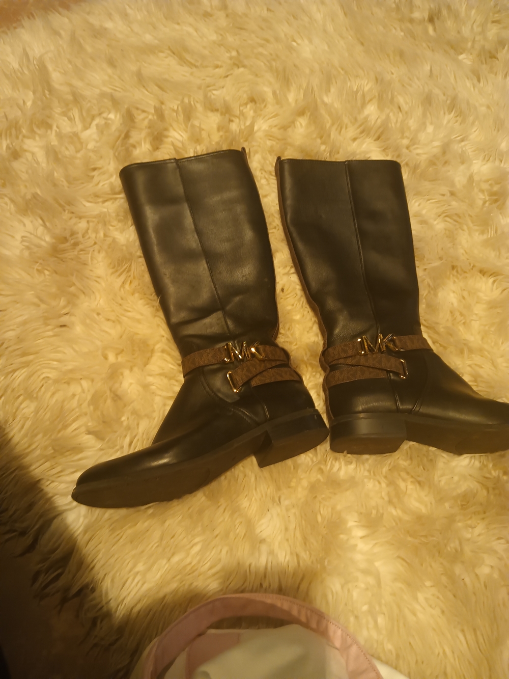 MK-Inspired Black Leather Knee Boots with Brown Logo Strap